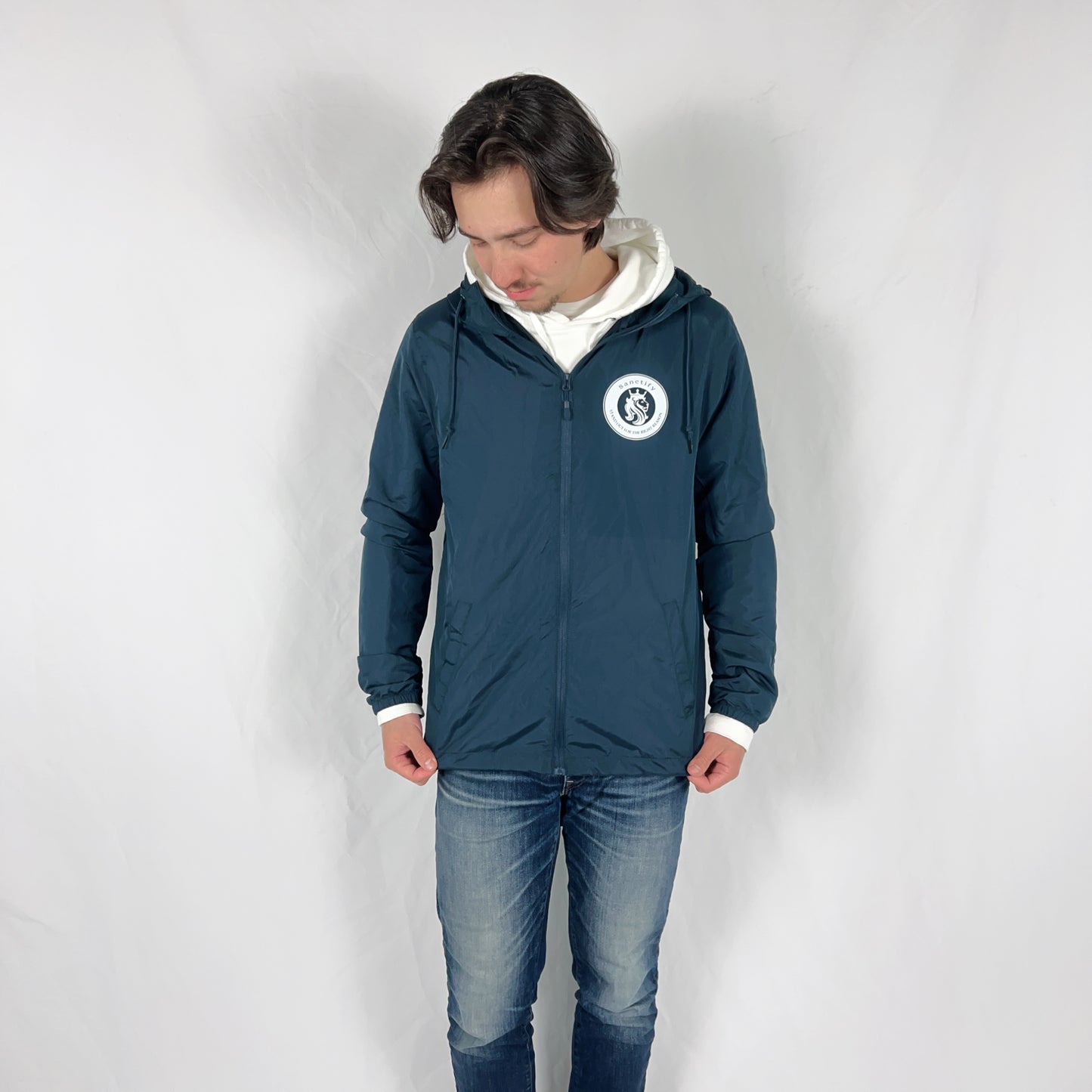 Navy Blue Windbreaker-White Sanctify